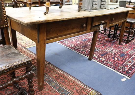 A late 18th century French pine and ash three drawer farmhouse table W.228cm